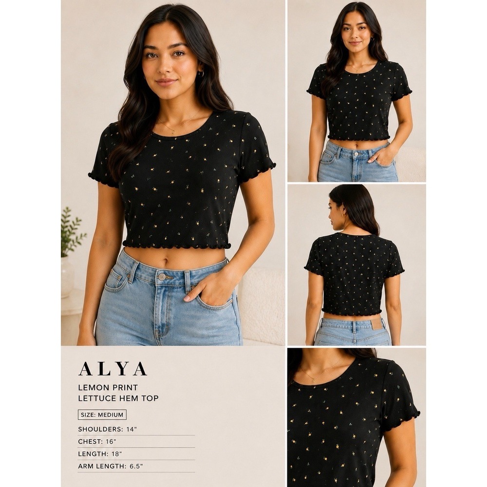 ALYA Lemon Print Ribbed Lettuce Hem Crop Top Women's Medium Y2K Baby Tee Black